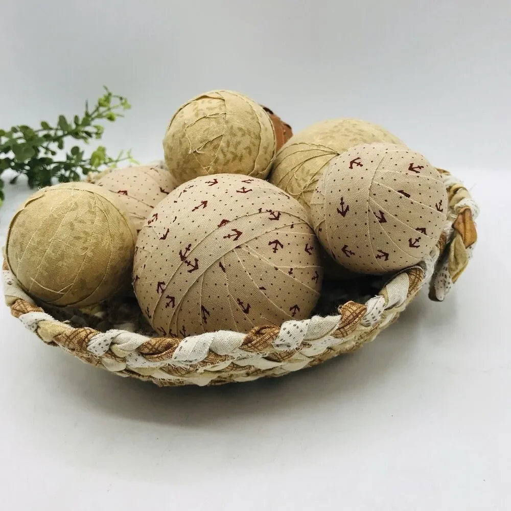Neutral Tans Beige Cream Braided Basket with 7 Fabric Balls Handmade 9x9x2